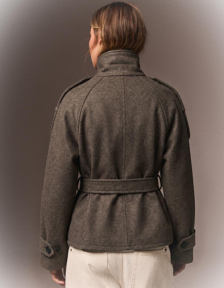 Dámská bunda trench s páskem a stojáčkem, dvouřadová