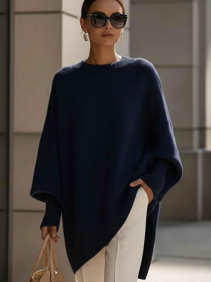 Damski sweter oversize z okrągłym dekoltem i dłuższym tyłem