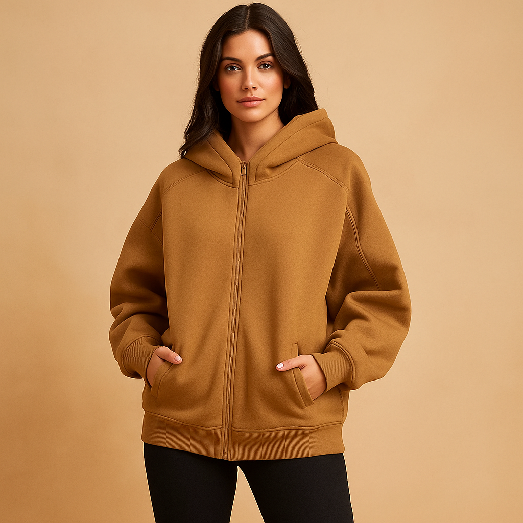 Damska bluza oversize z kapturem, zamkiem, kieszeniami i ściągaczami