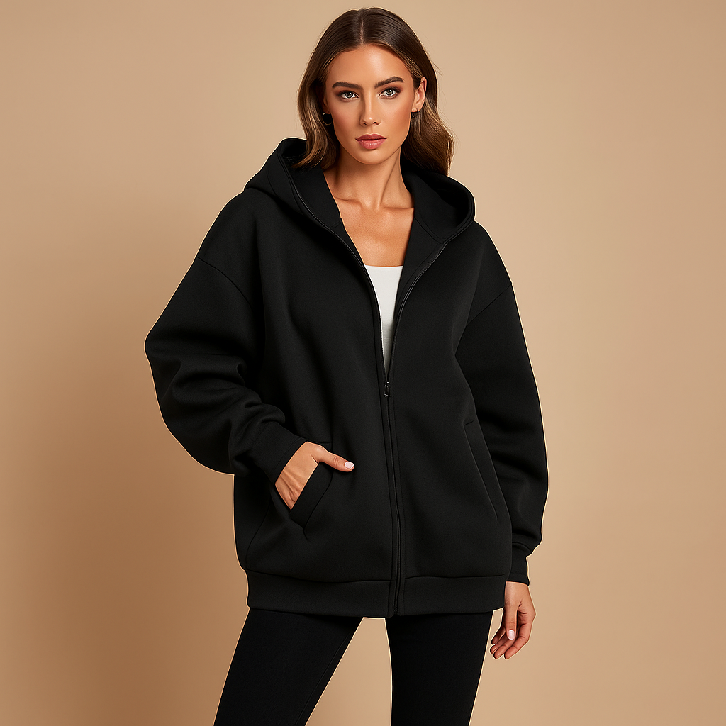Damska bluza oversize z kapturem, zamkiem, kieszeniami i ściągaczami