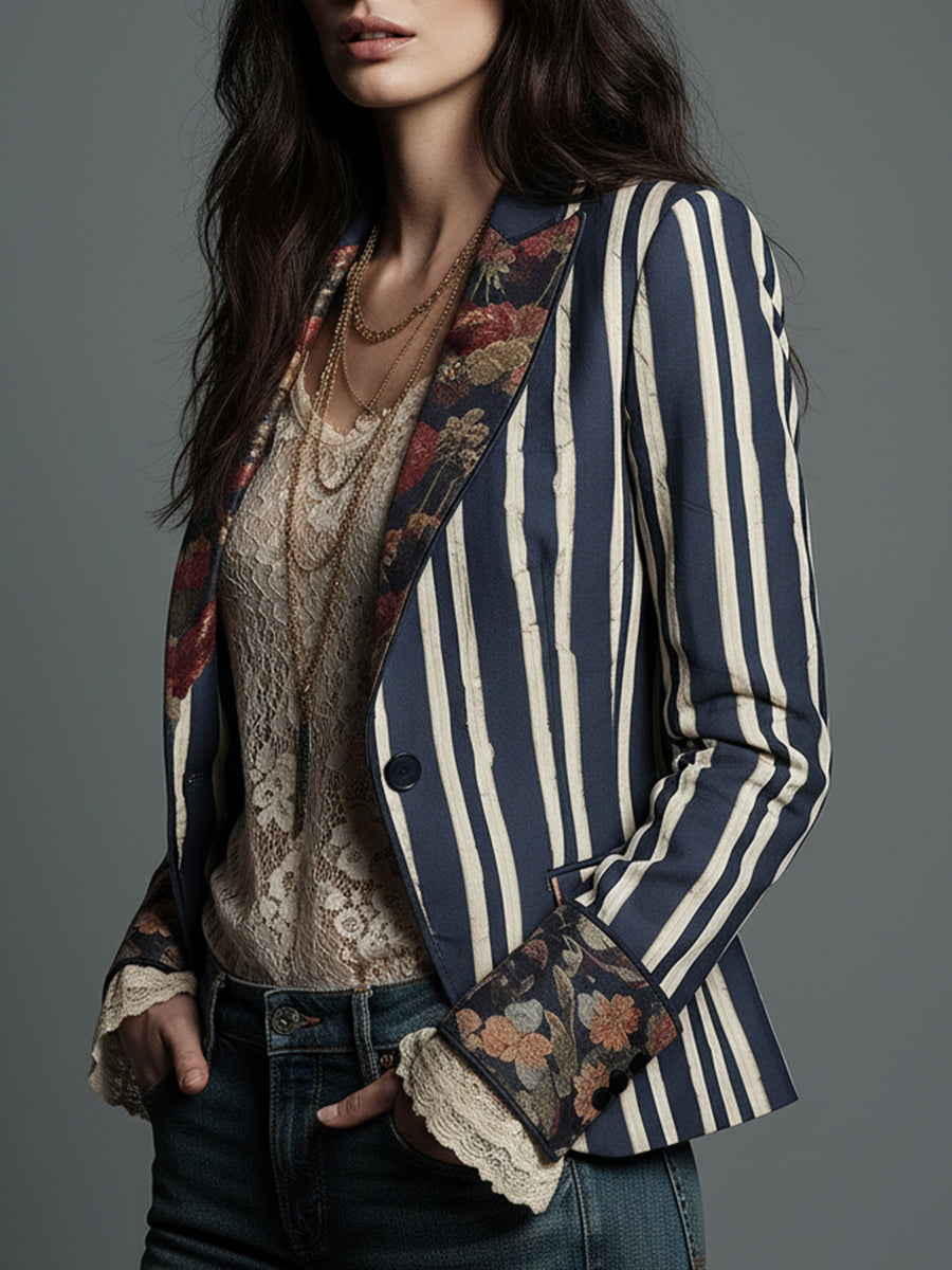 Damska marynarka w paski i kwiaty z długim rękawem
