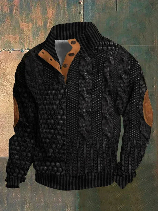 Męski sweter dzianinowy ze wzorem warkoczowym, stójką i guzikami
