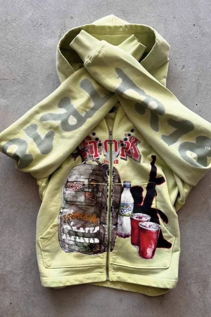 Żółta bluza z kapturem na zamek i nadrukiem graffiti
