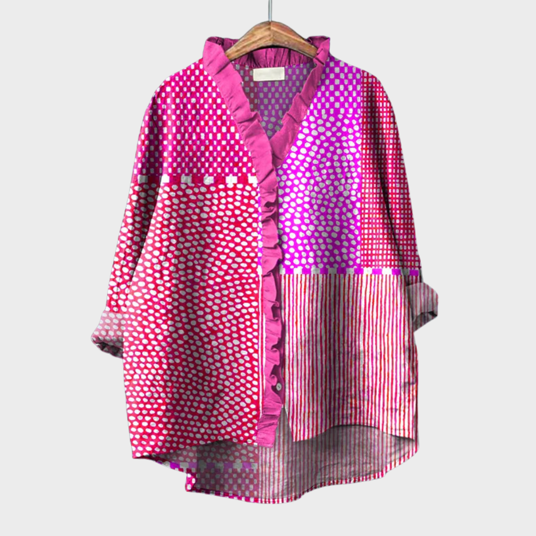 Damska bluzka oversize w print patchwork z falbanką
