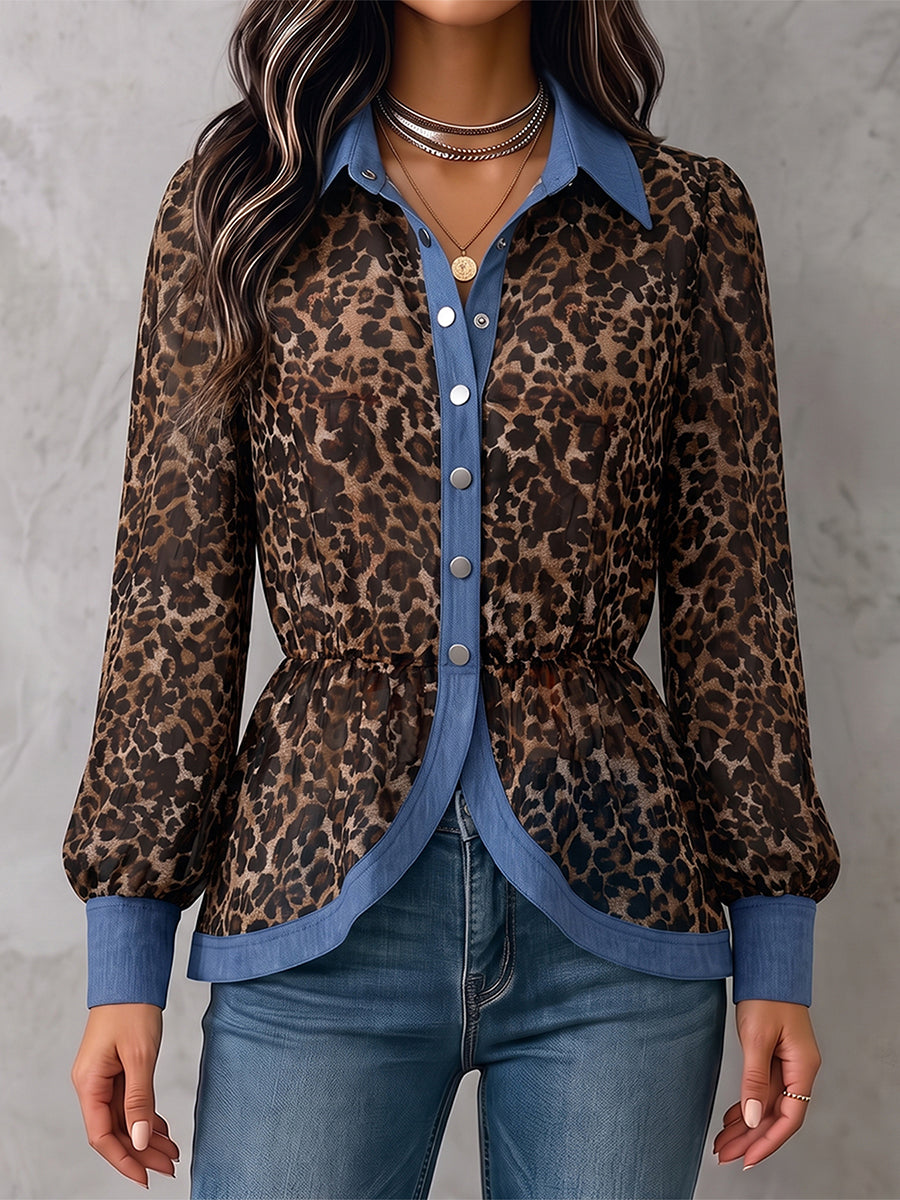 Dámská halenka s leopardím vzorem, dlouhý rukáv, límeček a knoflíky