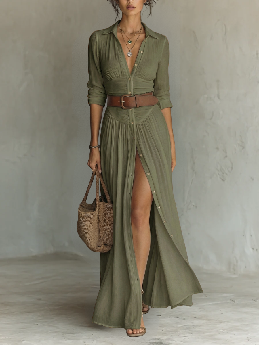 Damska Sukienka Maxi Koszulowa z Marszczeniami