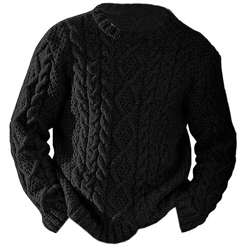 Męski sweter z okrągłym dekoltem i wypukłym warkoczowym wzorem