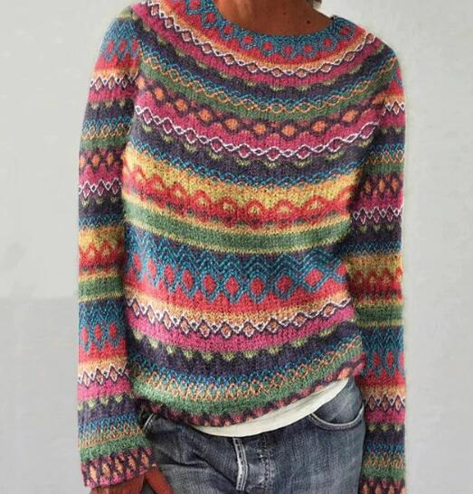 Damski sweter w wielokolorowe paski, okrągły dekolt i długie rękawy