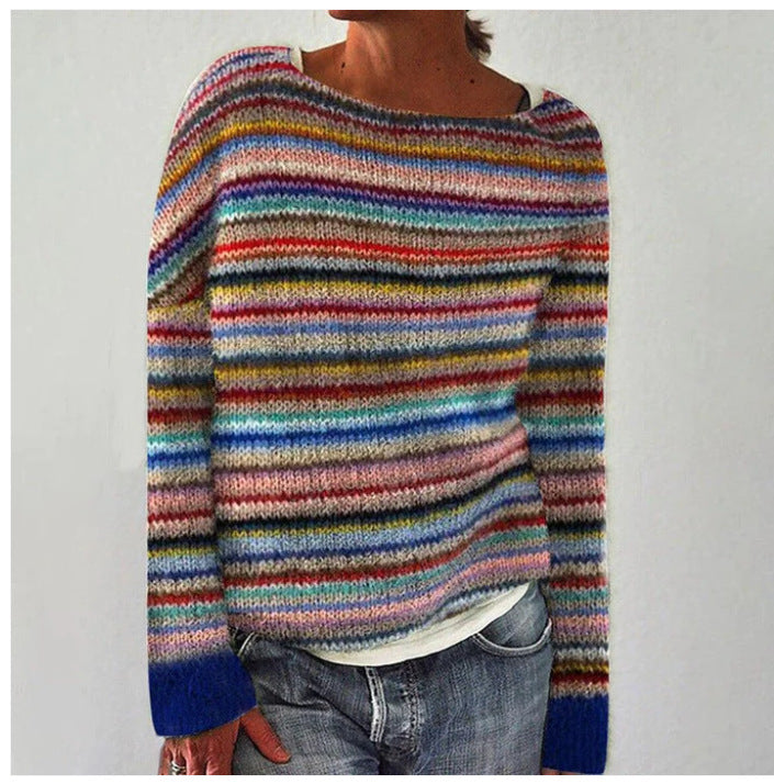 Damski sweter w wielokolorowe paski, okrągły dekolt i długie rękawy