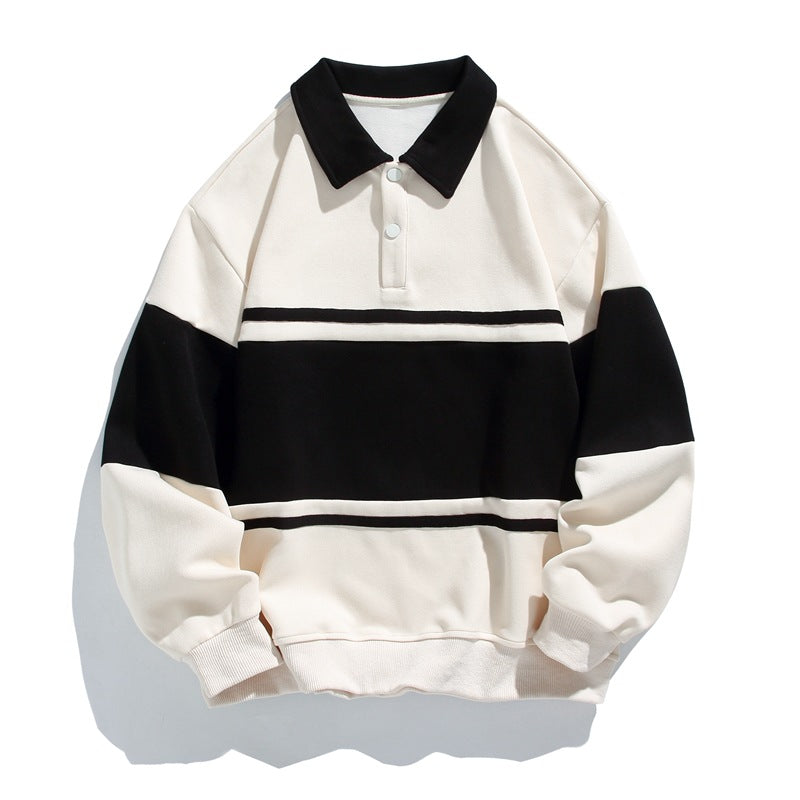 Bluza polo unisex z długim rękawem i kontrastowymi poziomymi pasami