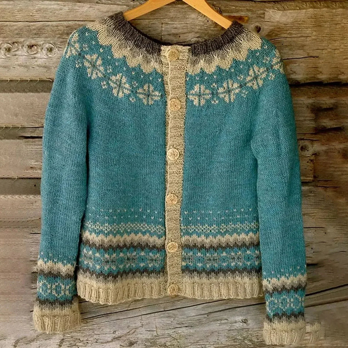Damski kardigan dzianinowy z nordyckim wzorem, długimi rękawami i guzikami