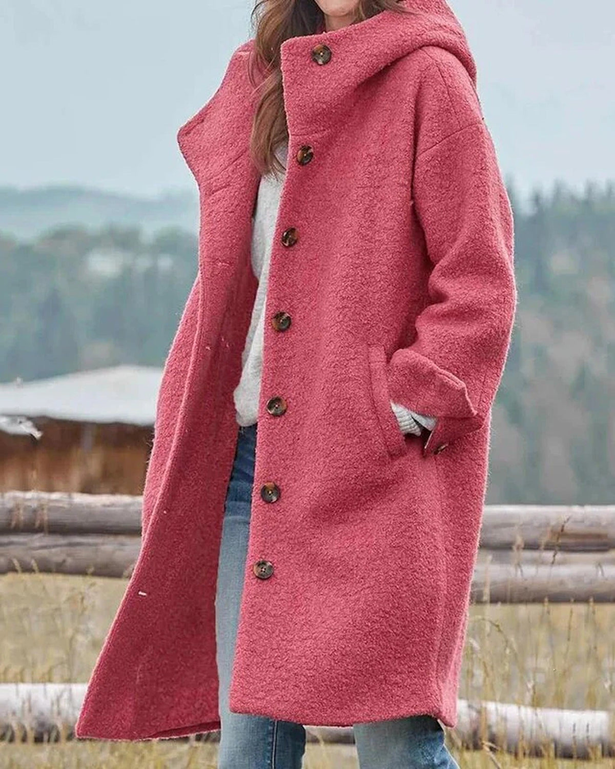 Dámský kabát s kapucí, dlouhý, zapínání na knoflíky