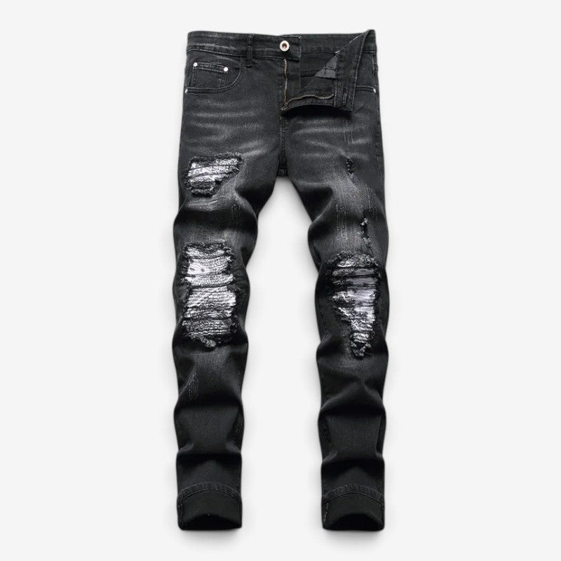 Męskie jeansy slim fit z przetarciami i kolorowymi naszywkami