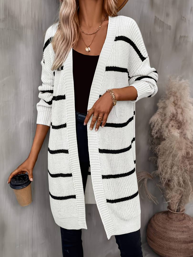 Długi damski kardigan dzianinowy w kontrastowe paski z otwartym przodem