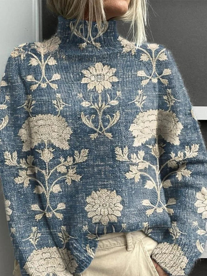 Damski sweter z golfem i wielobarwnym wzorem roślinnym oraz zwierzęcym