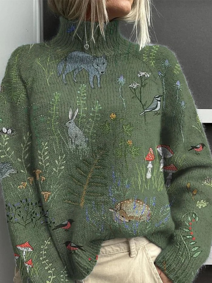 Damski sweter z golfem i wielobarwnym wzorem roślinnym oraz zwierzęcym