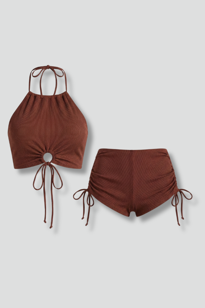 Damski Komplet Bikini z Topem Halter i Dolną Częścią ze Sznurkiem - Brązowy