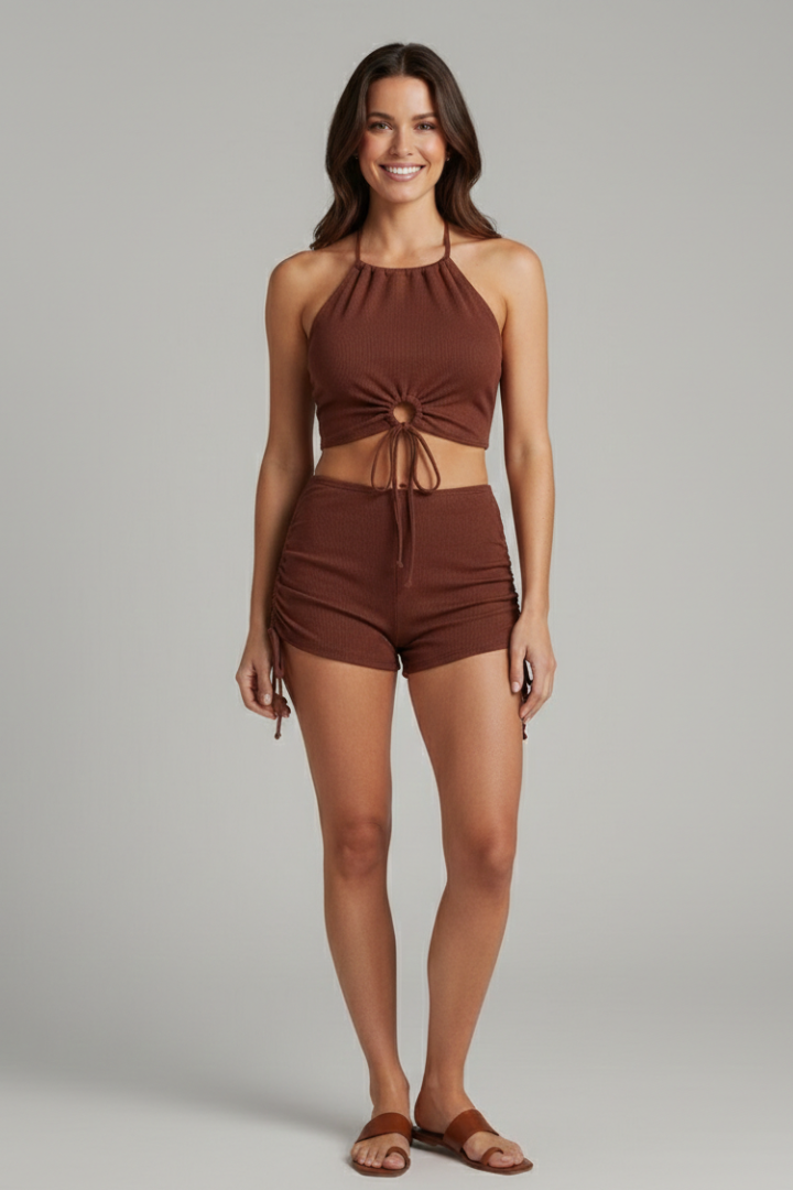 Damski Komplet Bikini z Topem Halter i Dolną Częścią ze Sznurkiem - Brązowy