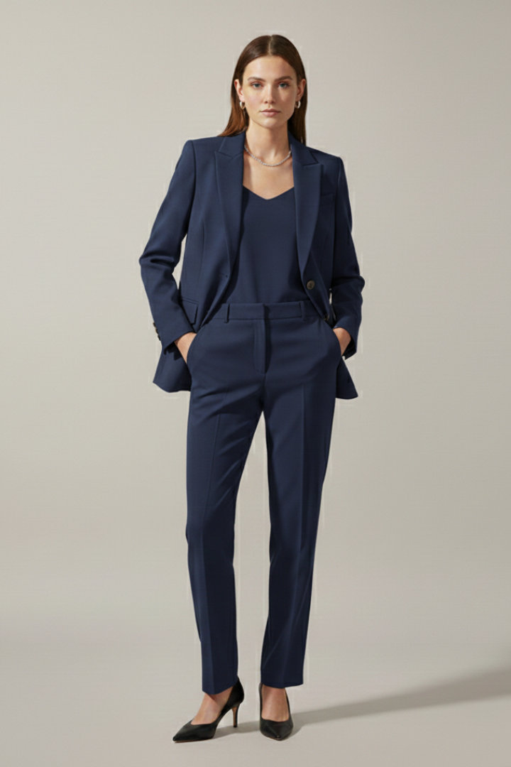 Conjunto de mulher com blazer de lapelas recortadas e calças de perna reta