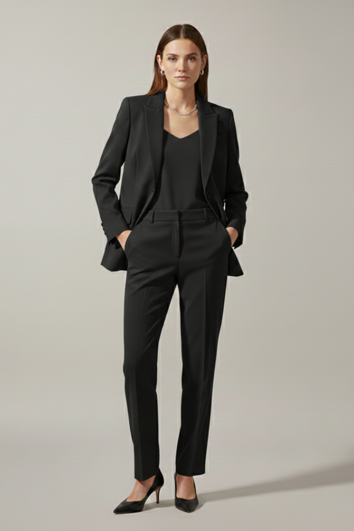 Conjunto de mulher com blazer de lapelas recortadas e calças de perna reta