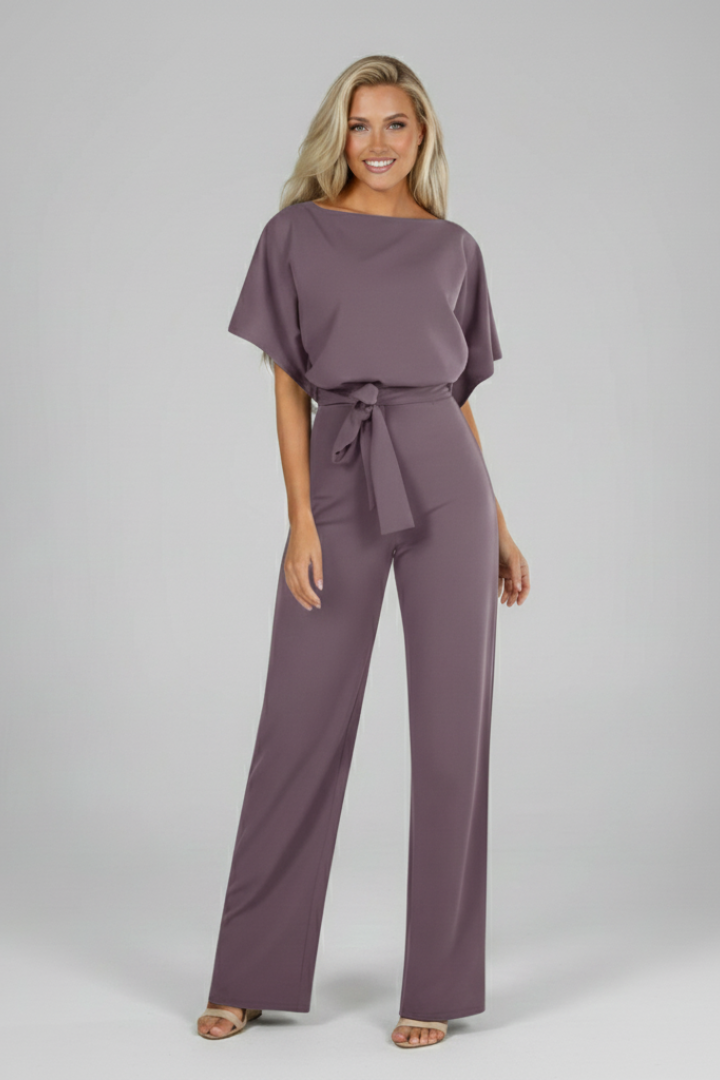 Damski Kombinezon z Krótkim Rękawem i Wiązaniem w Talii