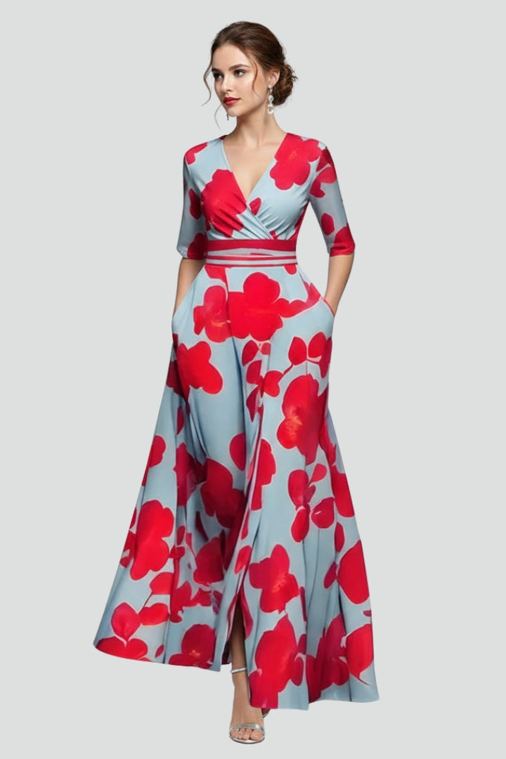 Dámské maxi šaty s výstřihem do V a potištěným vzorem