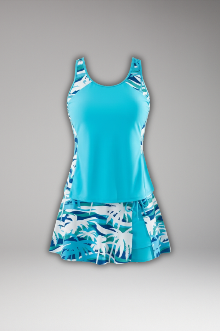Damski Komplet Tankini z Topem Racerback i Spódniczką - Niebieski