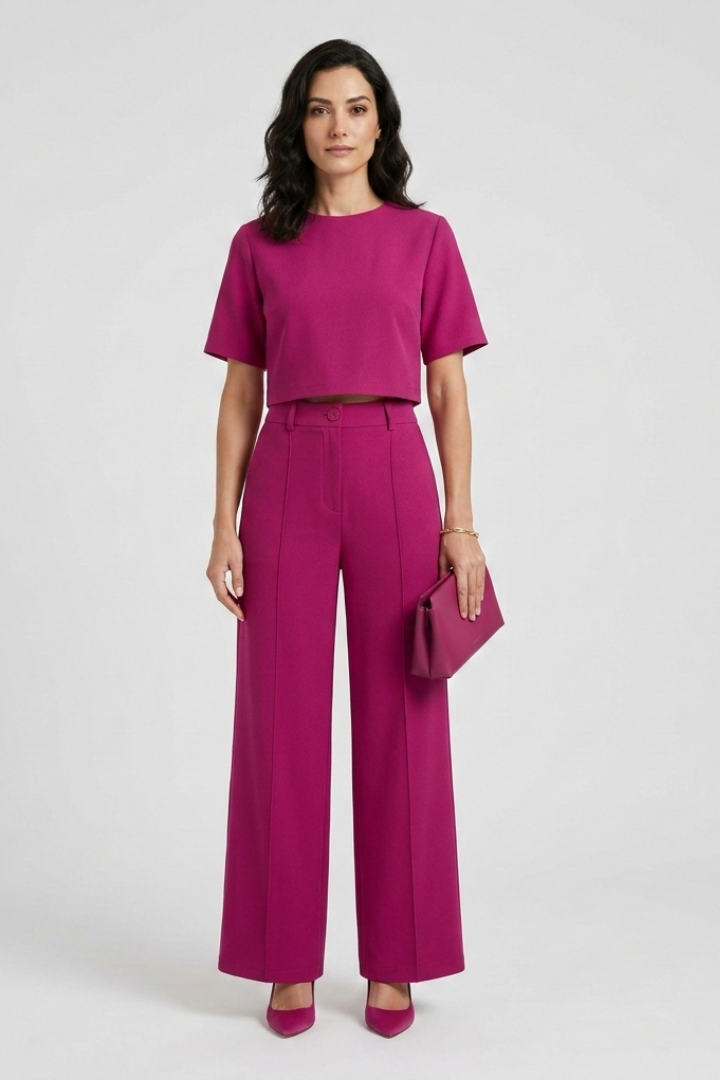 Damski Komplet z Krótkim Rękawem i Szerokimi Spodniami w kolorze Magenta | Elirena