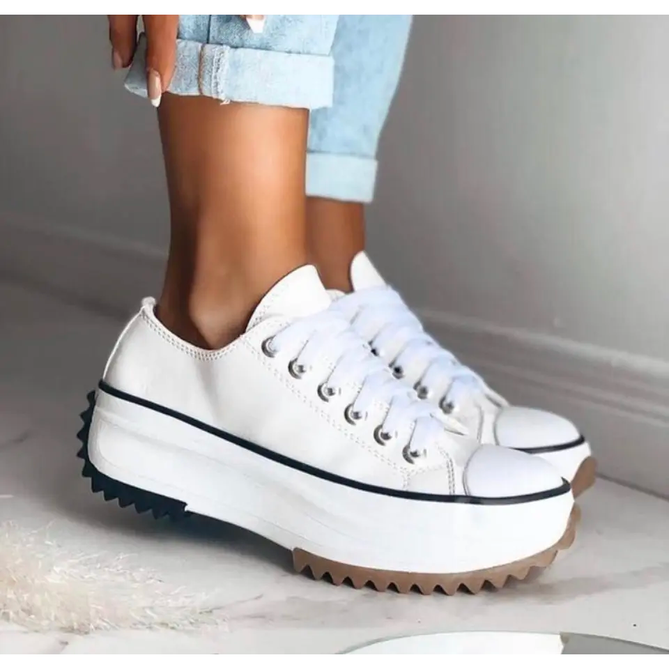 Damskie sneakersy na grubej platformie z gumowym noskiem, sznurowane trampki z płótna