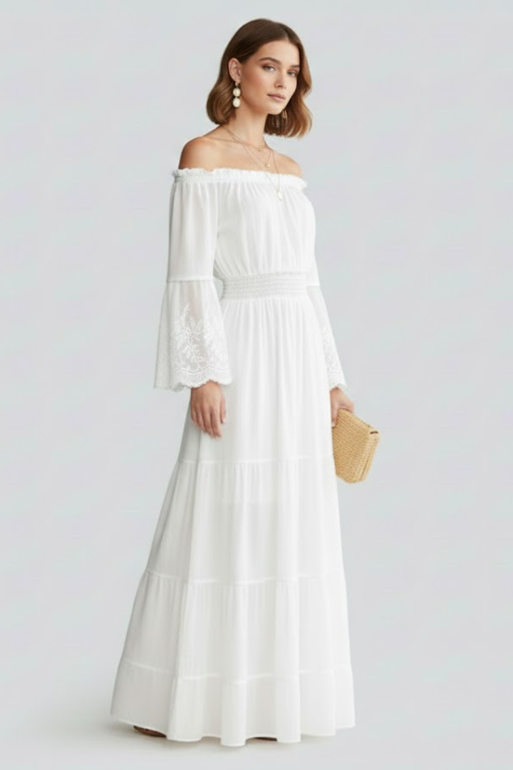 Dámské šaty maxi s odhalenými rameny a krajkovými rukávy