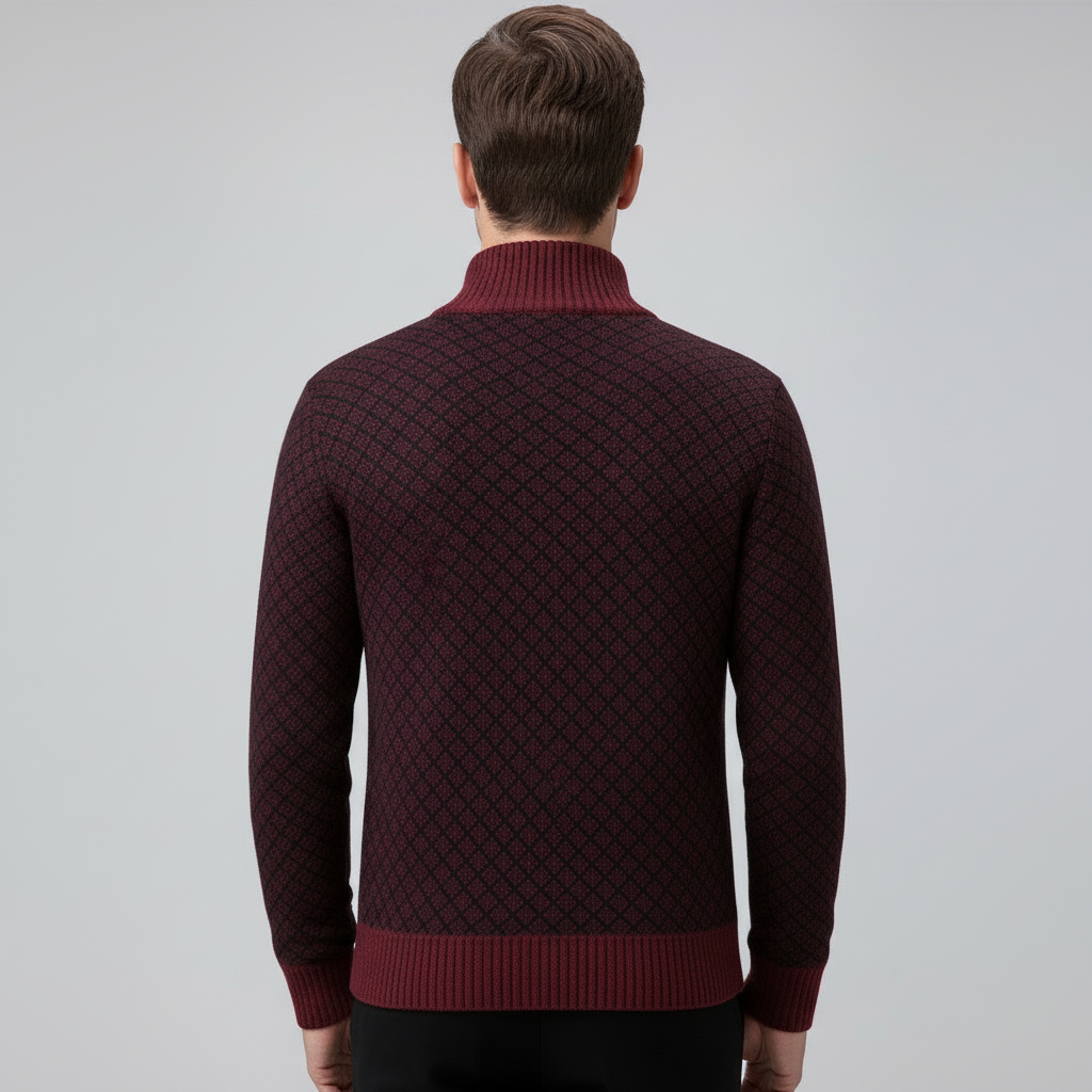 Męski sweter rozpinany ze stójką i geometrycznym wzorem rombów