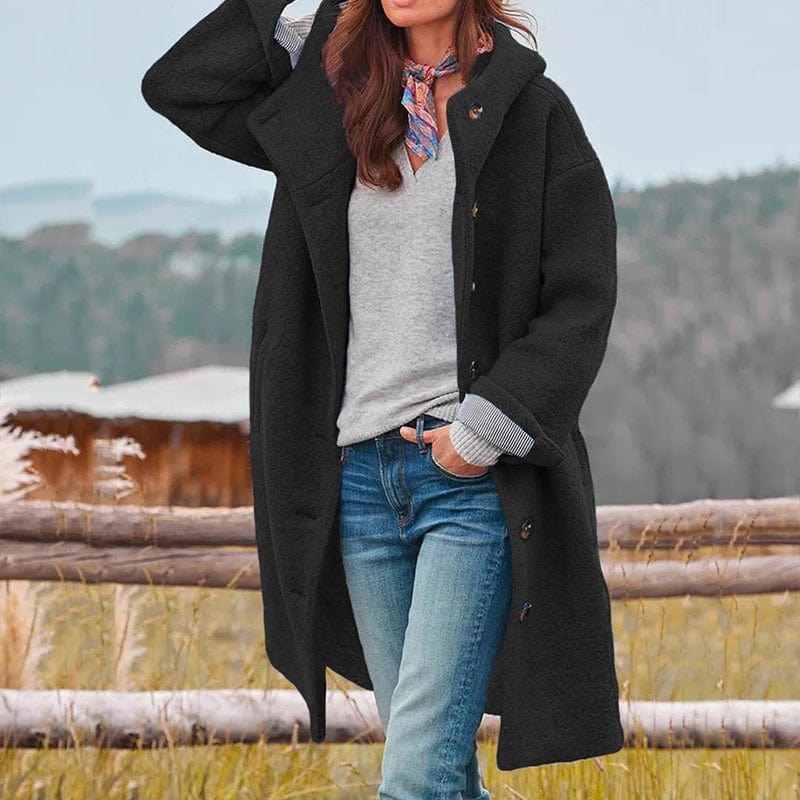 Damski płaszcz z kapturem, guzikami i długimi rękawami