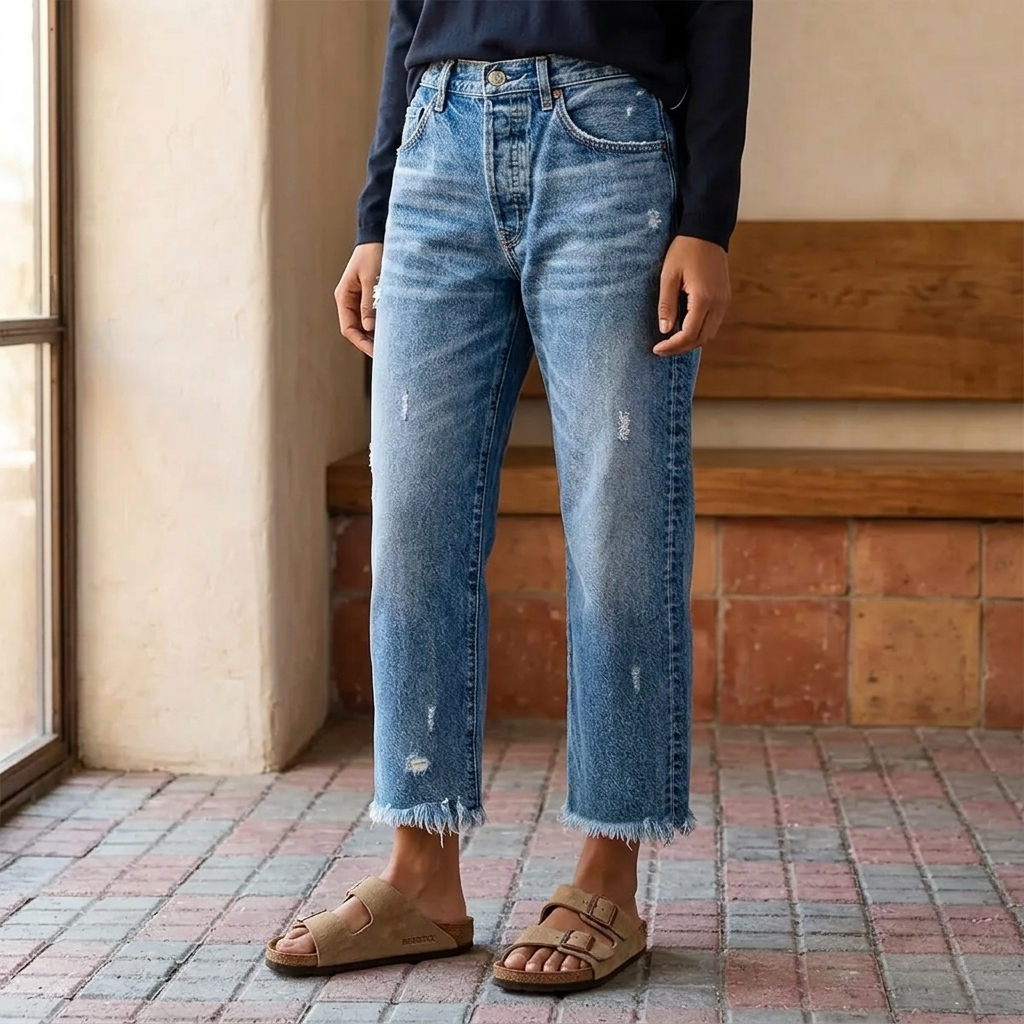 Damskie jeansy cropped z prostą nogawką, przetarciami i postrzępionym dołem