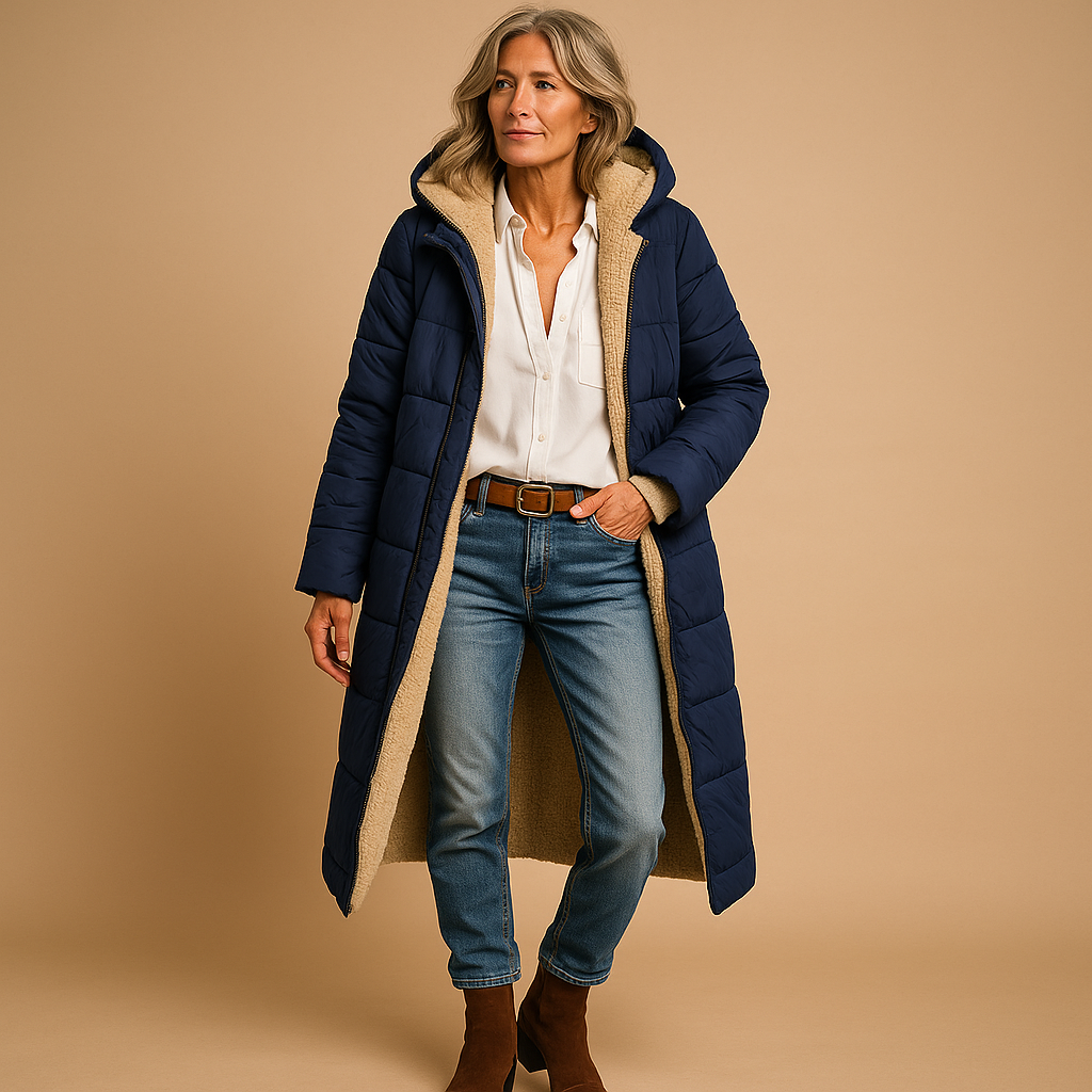 Długi damski pikowany płaszcz z kapturem i zamkiem