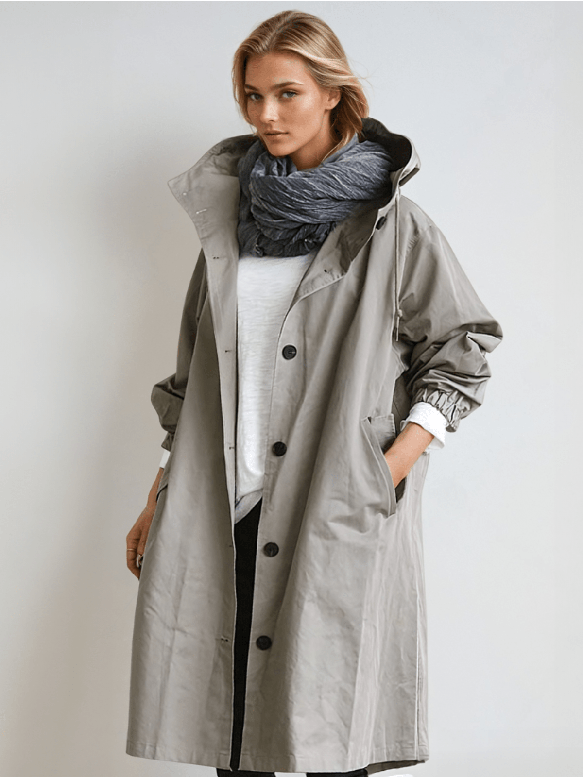 Damski płaszcz typu trench oversize z kapturem i kieszeniami