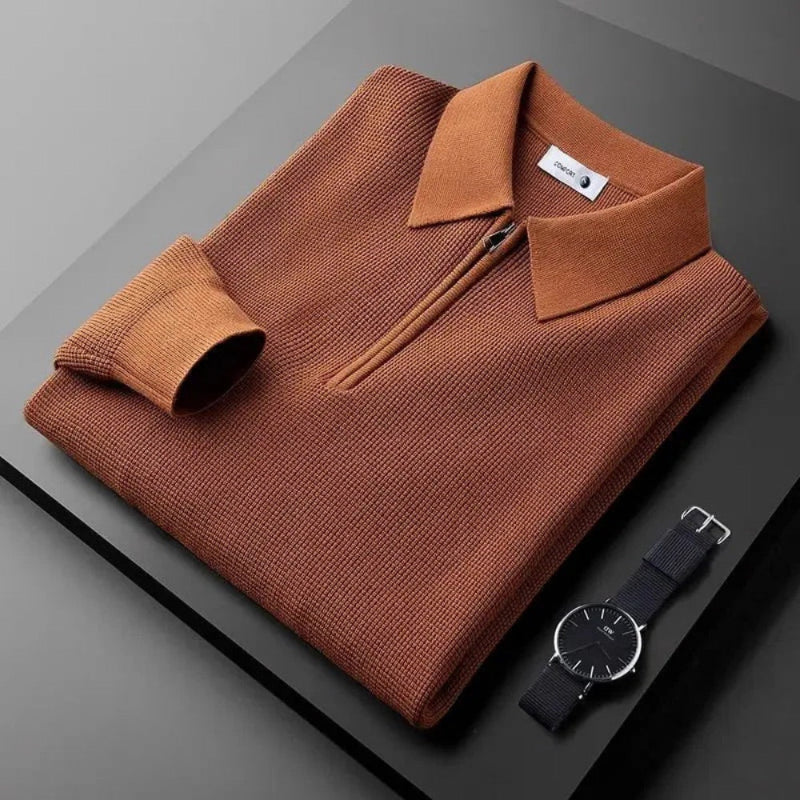 Męski sweter dzianinowy z kołnierzykiem polo i zamkiem