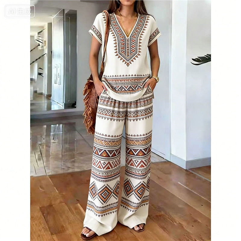 Dámský boho dvoudílný komplet, halenka s výstřihem do V a široké kalhoty