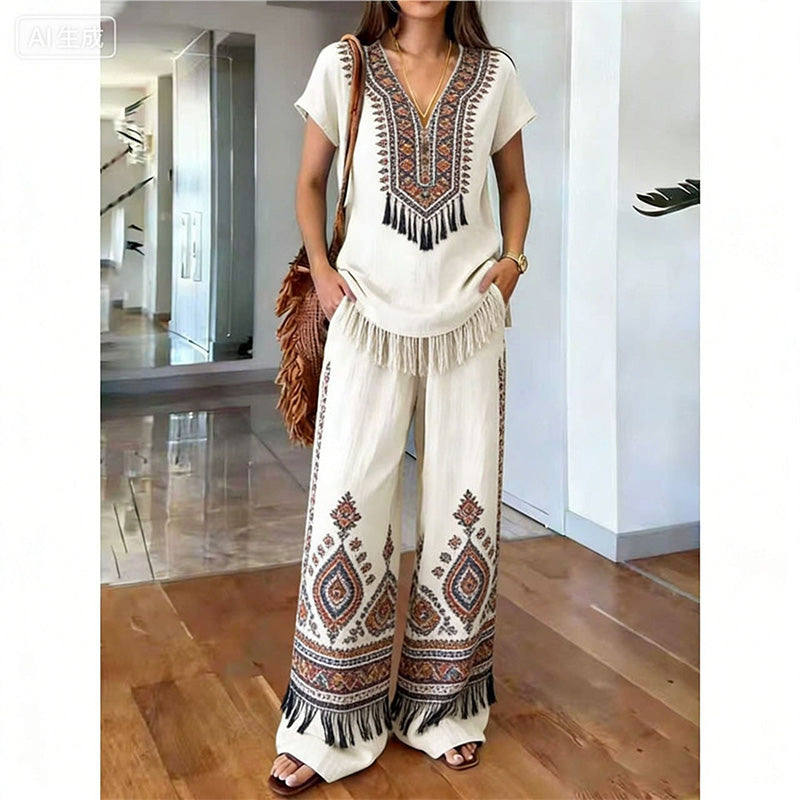 Dámský boho dvoudílný komplet, halenka s výstřihem do V a široké kalhoty