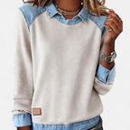 Women's Sweatshirt With Collar and Denim-Style Panels