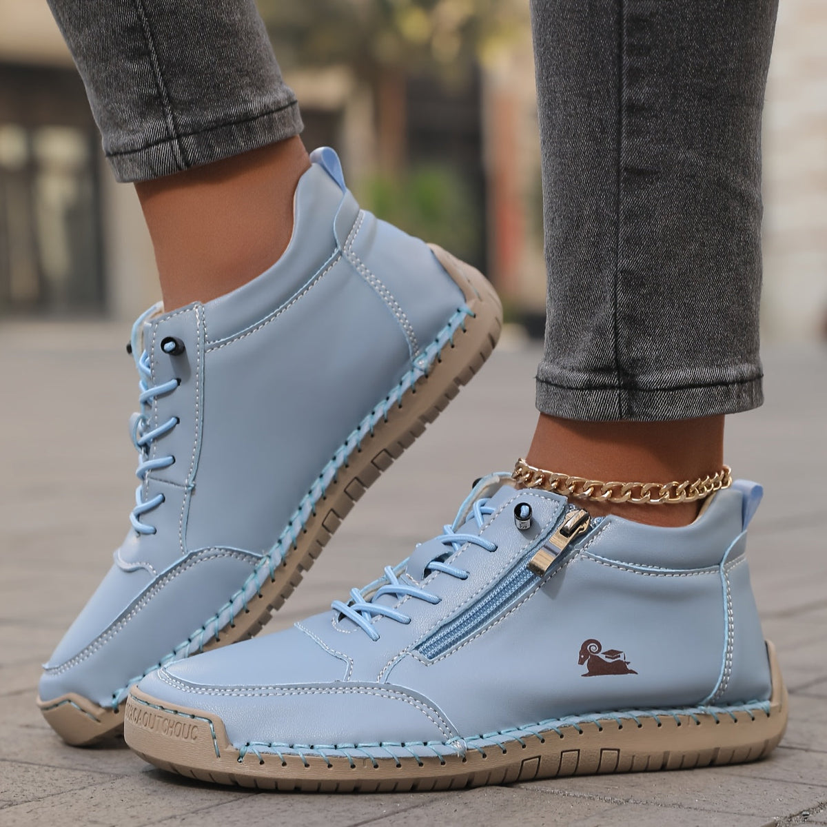 Damskie sneakersy za kostkę ze sznurowaniem, bocznym zamkiem i płaską podeszwą
