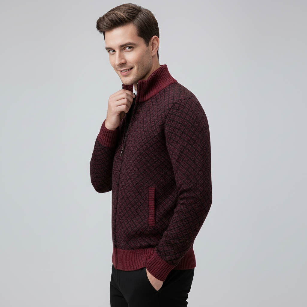Męski sweter rozpinany ze stójką i geometrycznym wzorem rombów