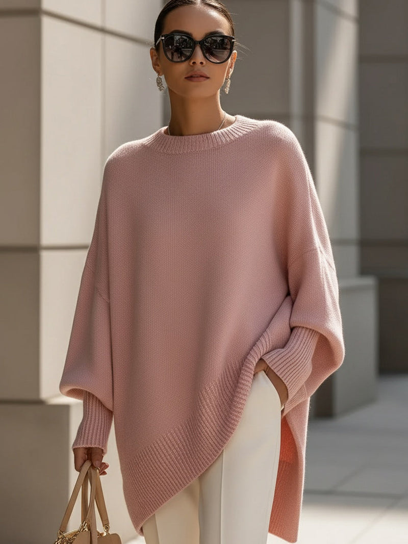 Damski sweter oversize z okrągłym dekoltem i dłuższym tyłem
