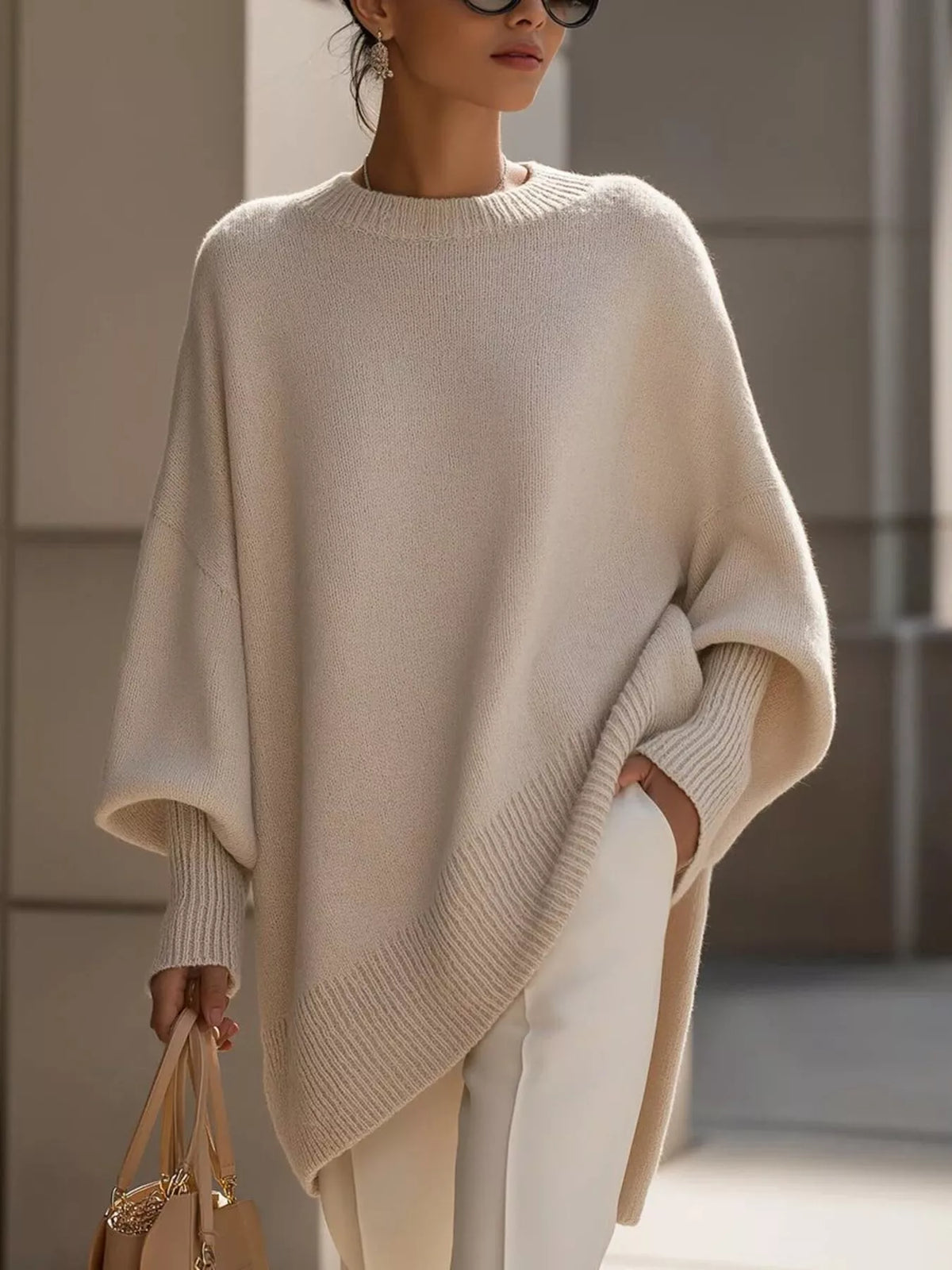 Damski sweter oversize z szerokimi rękawami i asymetrycznym dołem