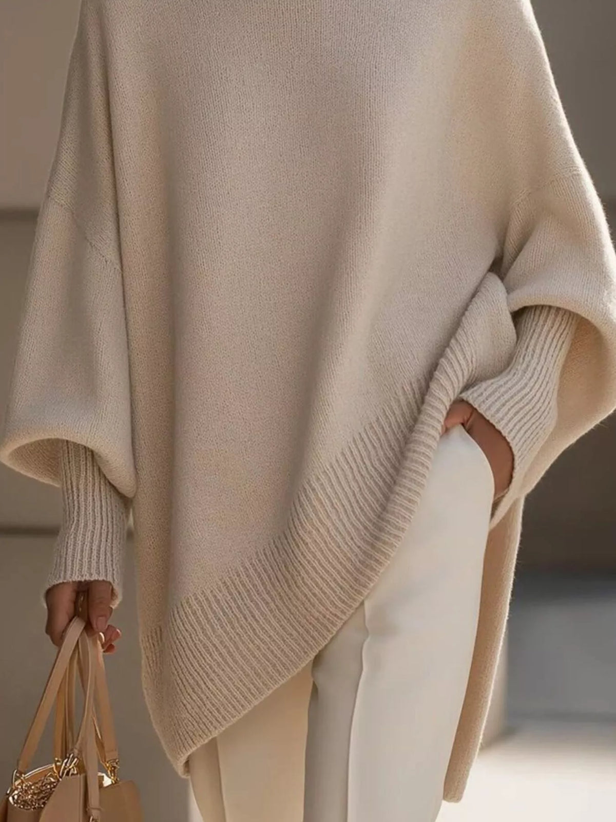 Damski sweter oversize z szerokimi rękawami i asymetrycznym dołem