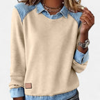 Women's Sweatshirt With Collar and Denim-Style Panels