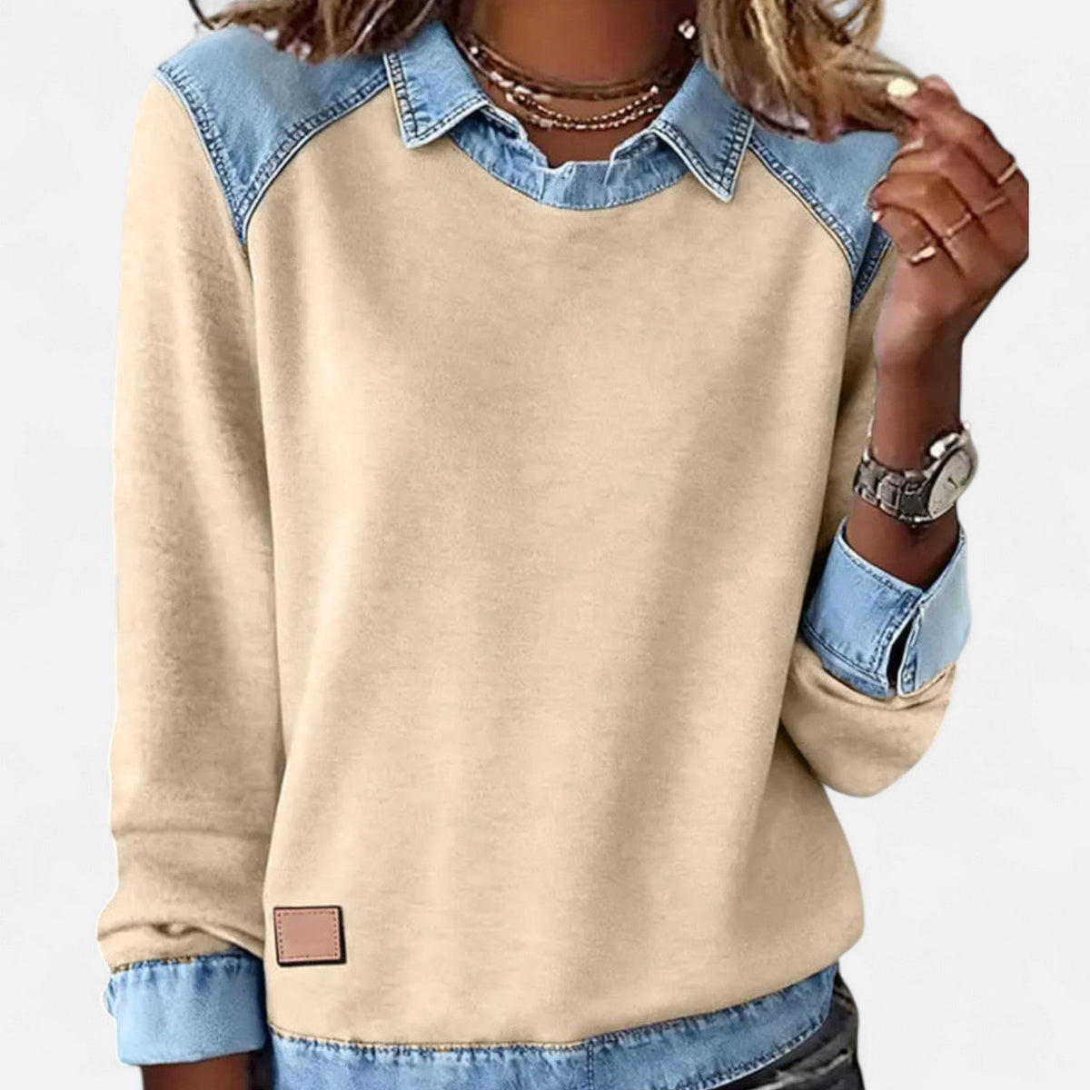Women's Sweatshirt With Collar and Denim-Style Panels