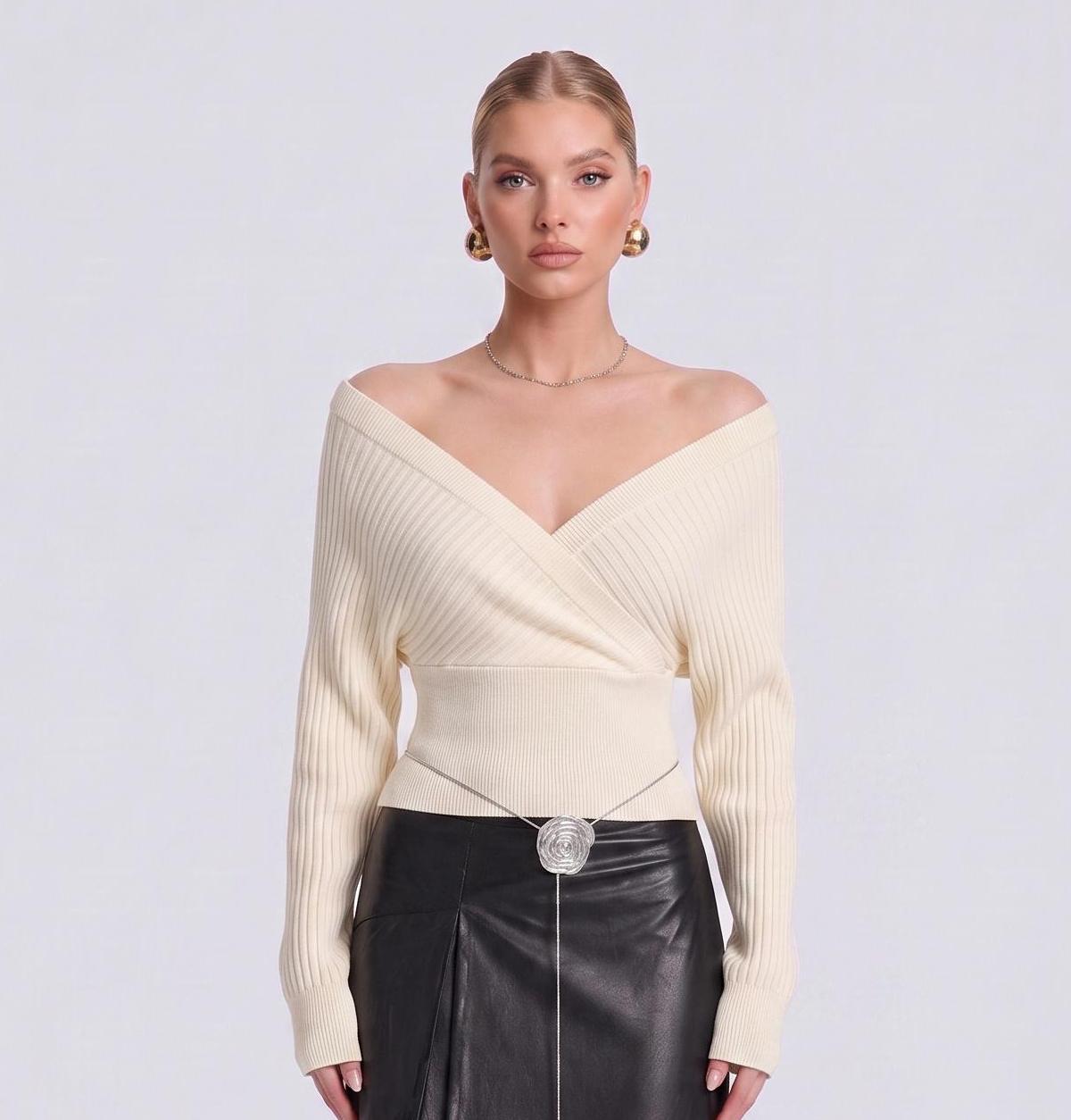 Women's Knit Wrap Sweater With V-Neck and Off-the-Shoulder Neckline