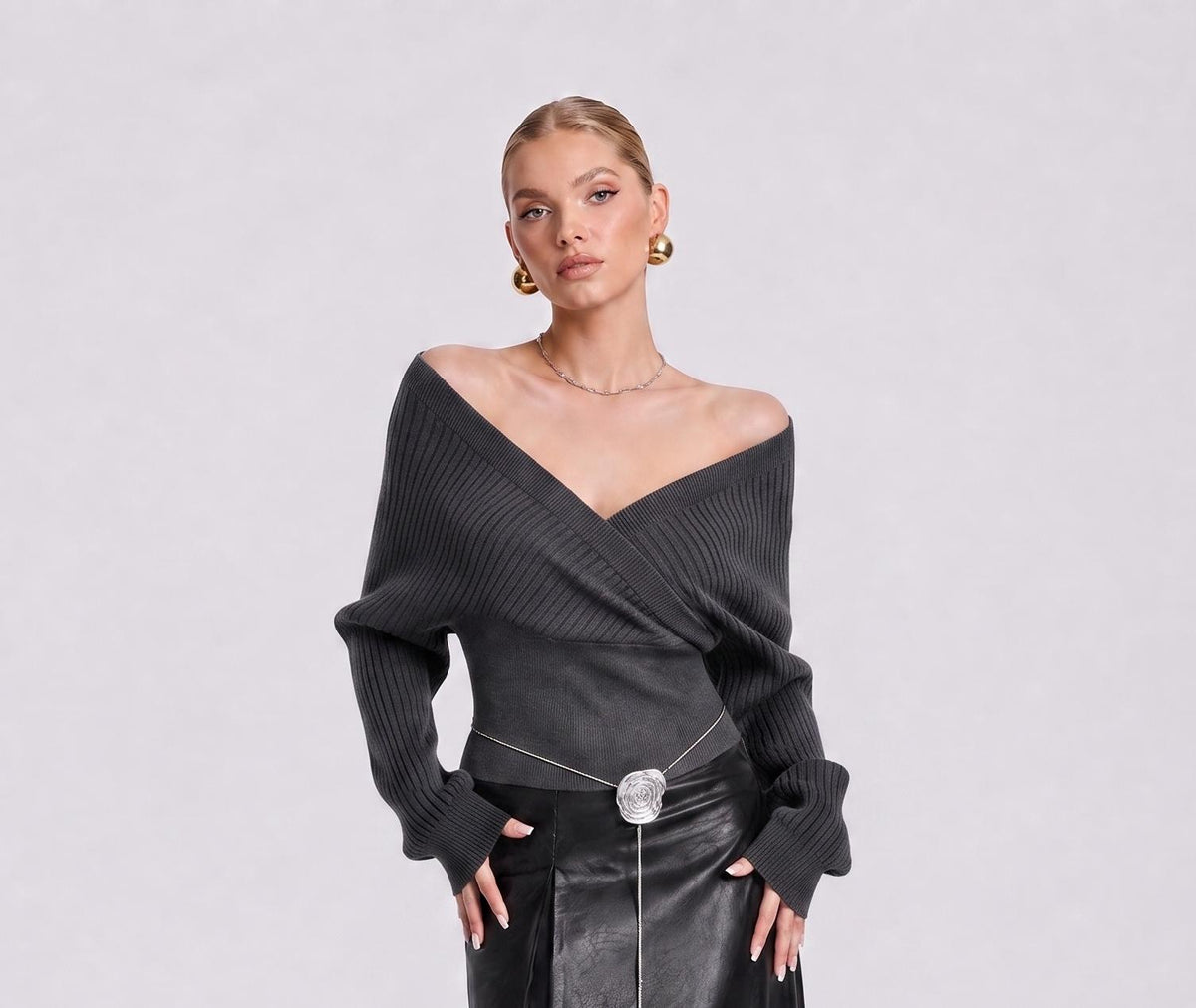Women's Knit Wrap Sweater With V-Neck and Off-the-Shoulder Neckline