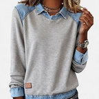 Women's Sweatshirt With Collar and Denim-Style Panels