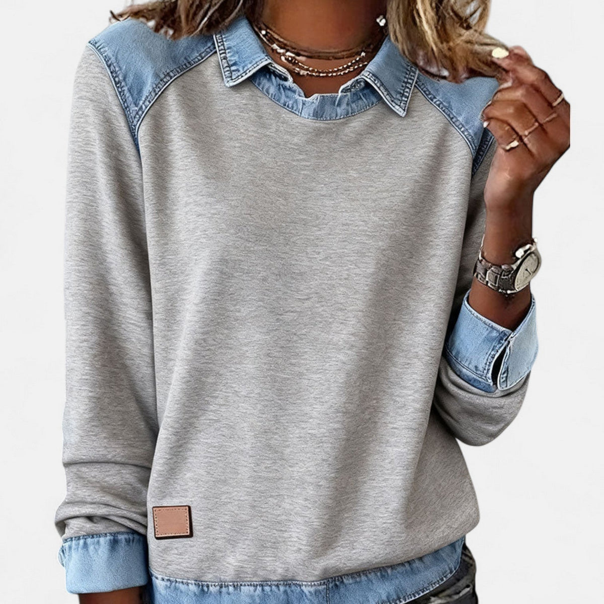 Women's Sweatshirt With Collar and Denim-Style Panels